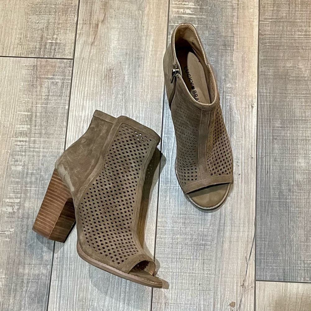 Olive suede open toe booties